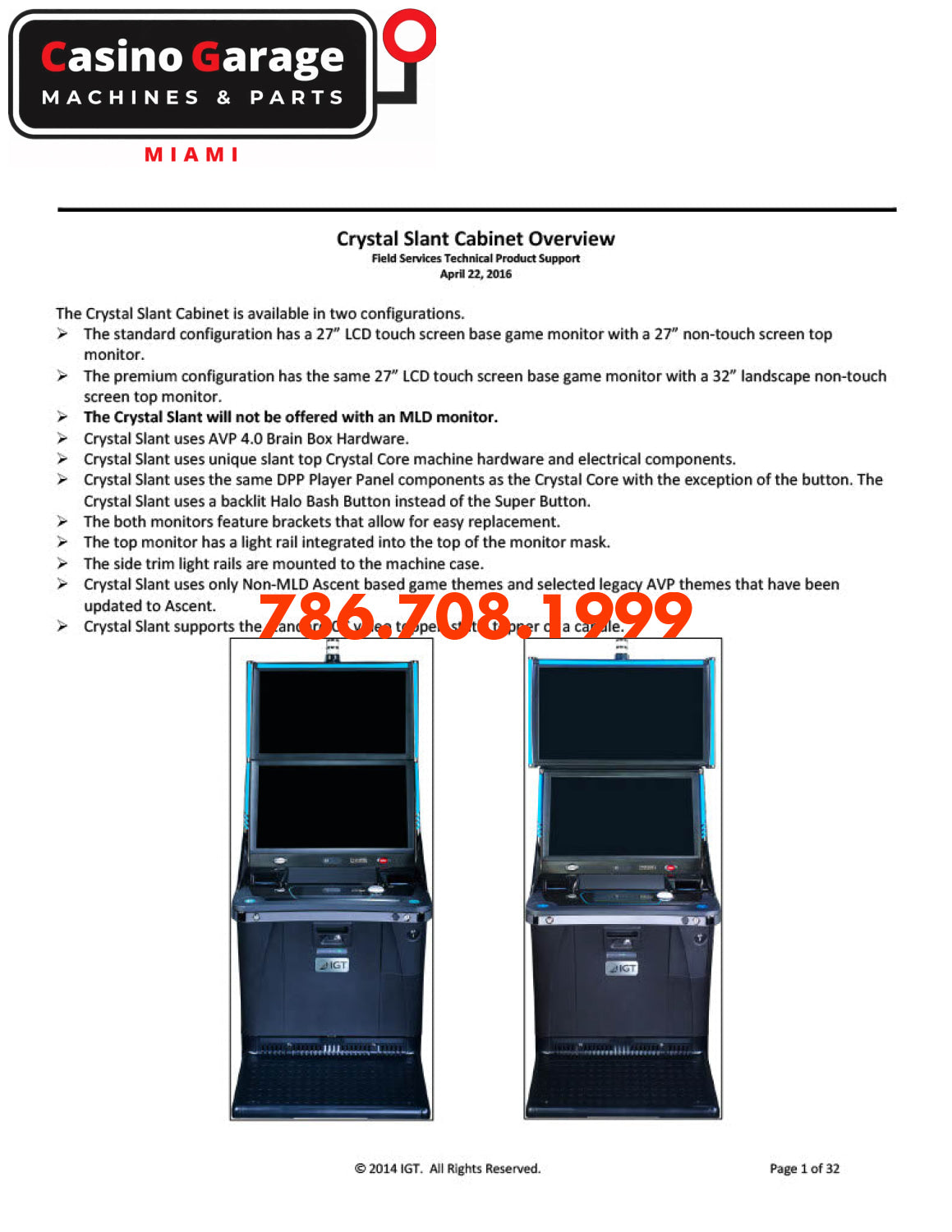 IGT Crystal Slant 27’’ & 27/32 Cabinet Overview Manuals (Digital Download)