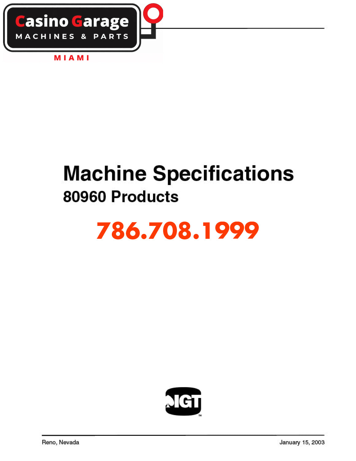 IGT Machine Specifications-80960 Products Manuals (Digital Download)